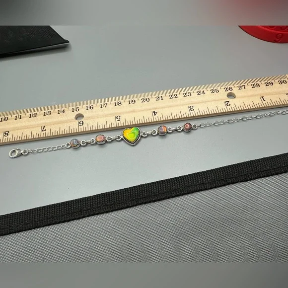 Neon Green Aurora Opal Heart-Shaped Sterling Silver 925 Bracelet Handmade Heart - Picture 5 of 6